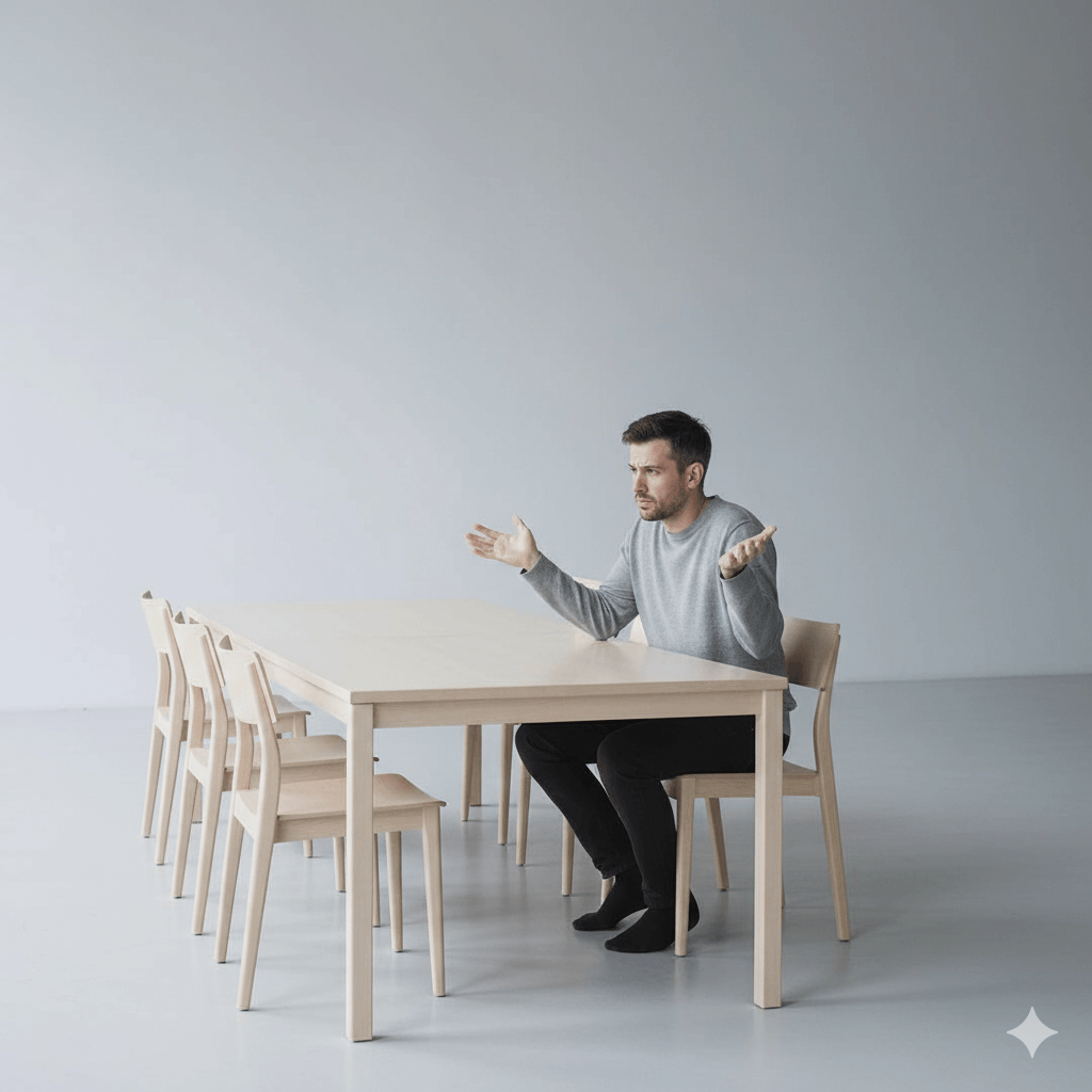 Man in gray sweater sitting at a wooden table with empty chairs, gesturing with confusion or frustration.