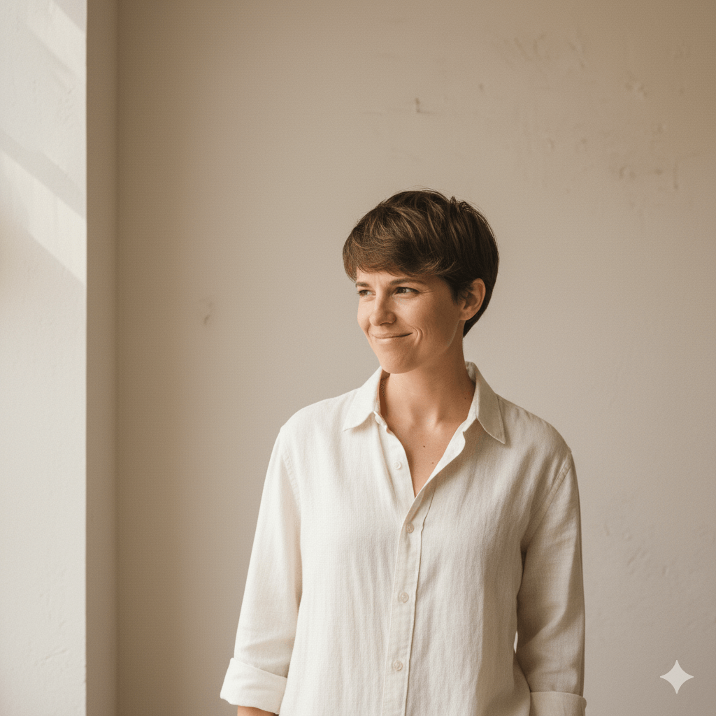 Smiling person with short brown hair wearing a white button-up shirt standing against a beige wall.
