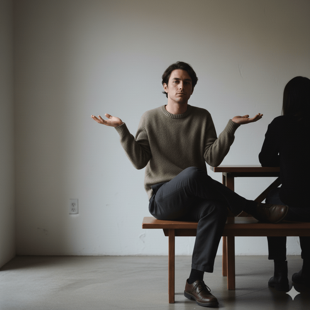 Man in brown sweater sitting on bench with arms raised in a questioning gesture next to a woman at a table