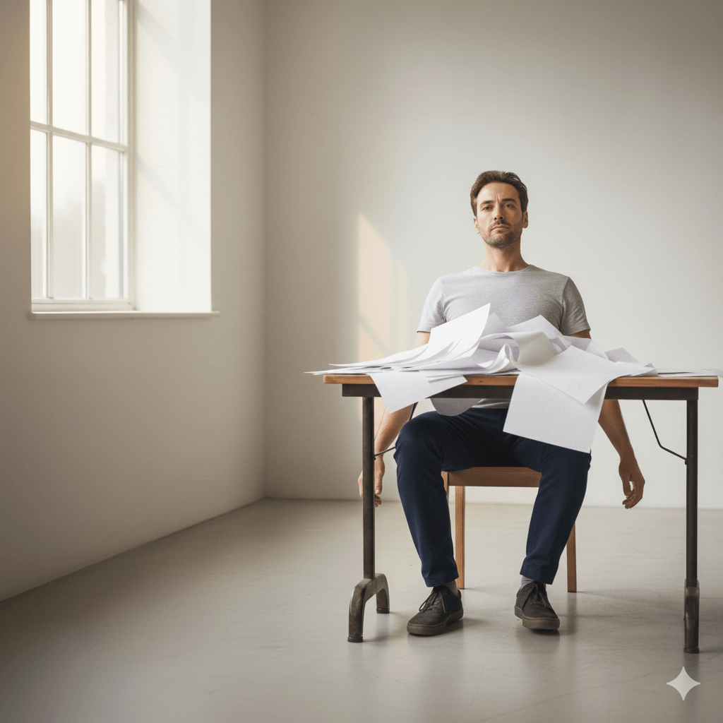 Man sitting at a table with scattered papers in a minimalistic room with a large window.