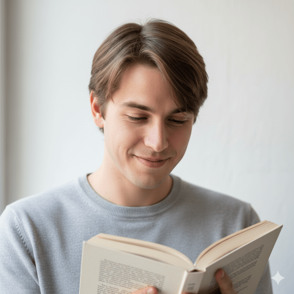 Young man in gray sweater smiling while reading a book against a plain background