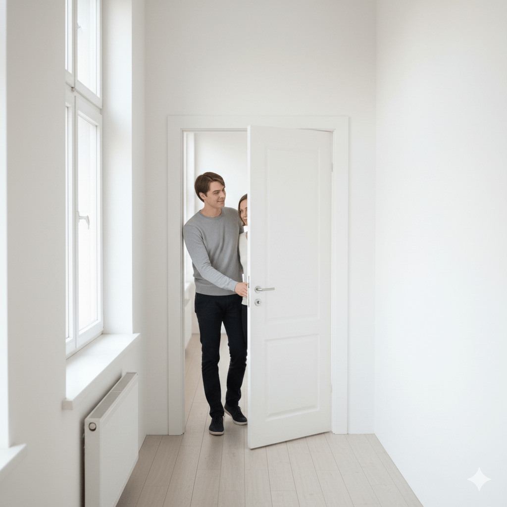 Young couple entering a bright, empty room through a white door in a modern home.