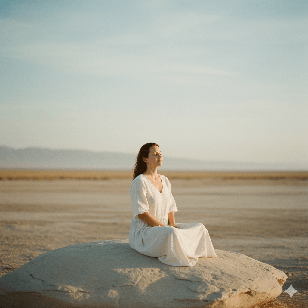 Woman in a white dress meditating on a large rock in a vast desert landscape at sunset.