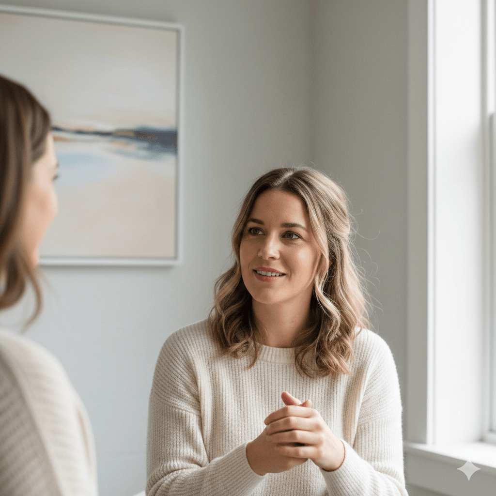 Two women having a conversation in a bright room with a window and abstract wall art.