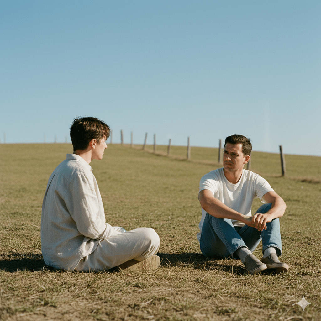 Two men sitting on grass in a field having a conversation under a clear blue sky