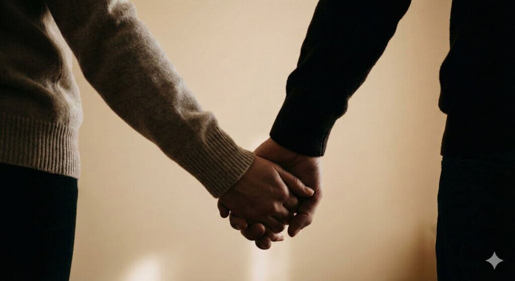 Two people holding hands wearing sweaters against a neutral background