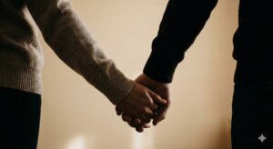 Two people holding hands wearing sweaters against a neutral background