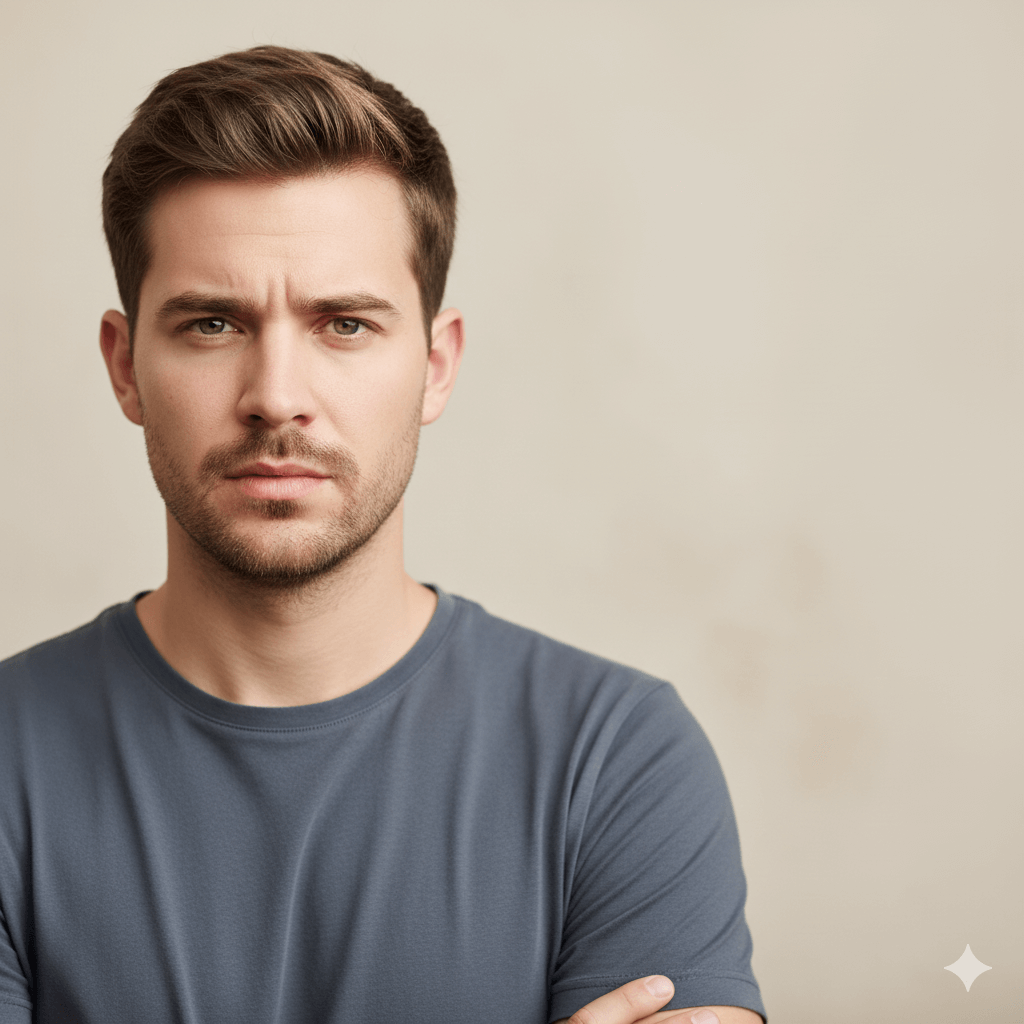 Young man with short brown hair and beard wearing a gray t-shirt, looking seriously at the camera against a beige background.
