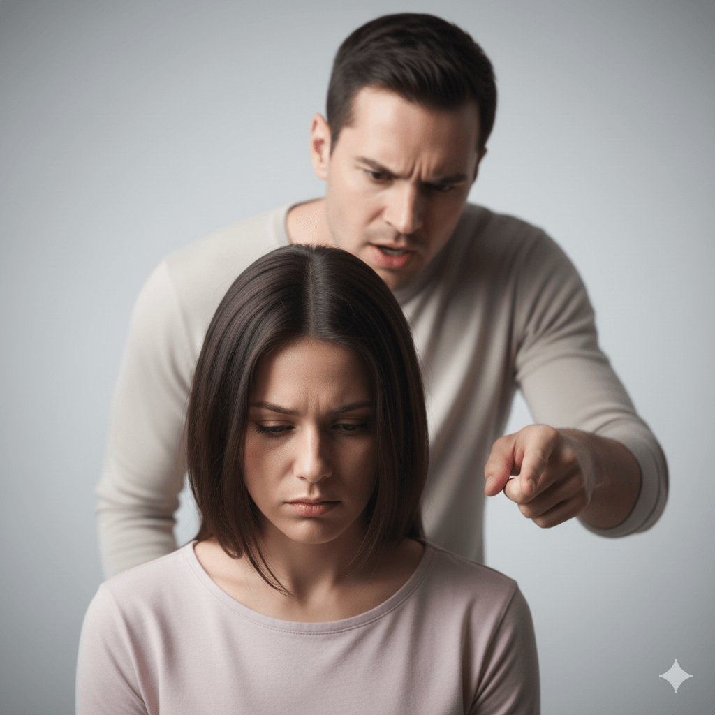 Man angrily pointing and yelling at a sad woman with downcast eyes against a gray background