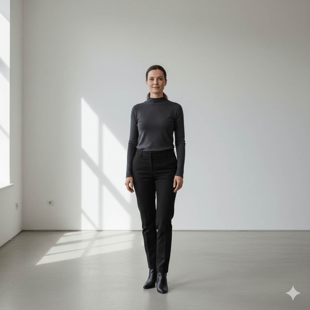 Woman wearing a dark gray turtleneck and black pants standing in a bright minimalist room with window shadows on the wall.