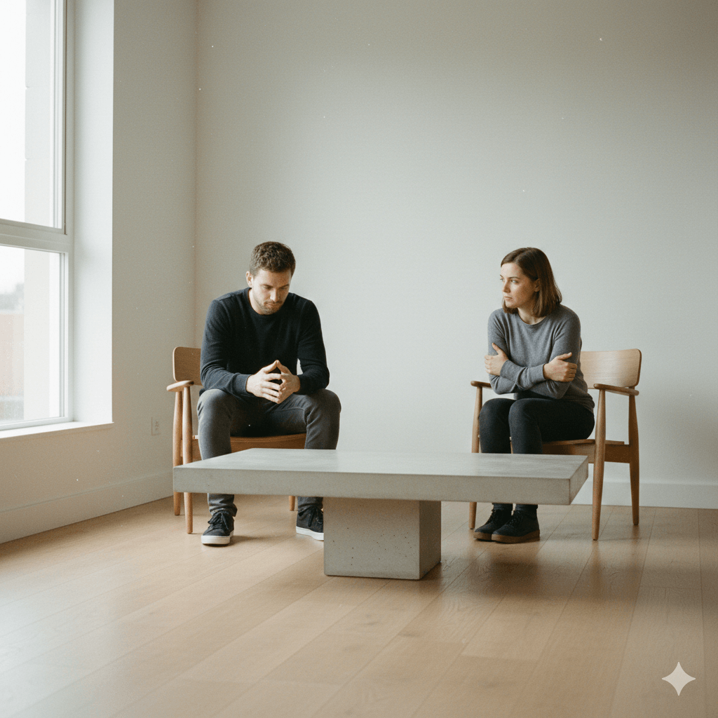 Man and woman sitting apart on chairs in a minimalist room, appearing upset or in conflict