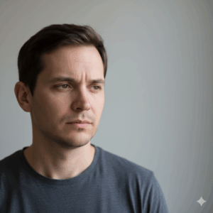 Young man with short brown hair wearing a dark gray t-shirt looking thoughtfully to the side against a plain background.