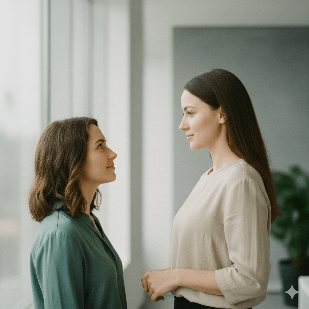 Two women facing each other and smiling, one in a green blouse and the other in a beige top, indoors by a window.