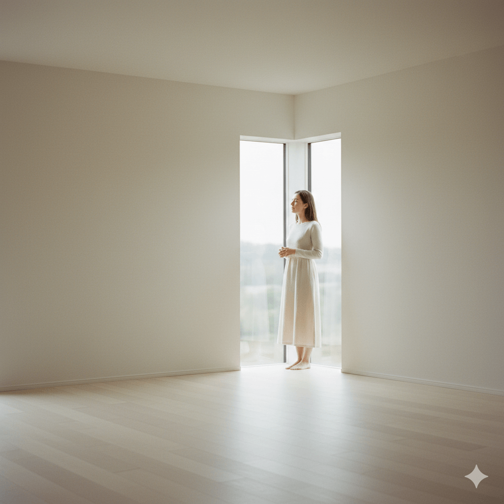 Woman in a long white dress standing barefoot by a corner window in an empty room with light wooden floors.
