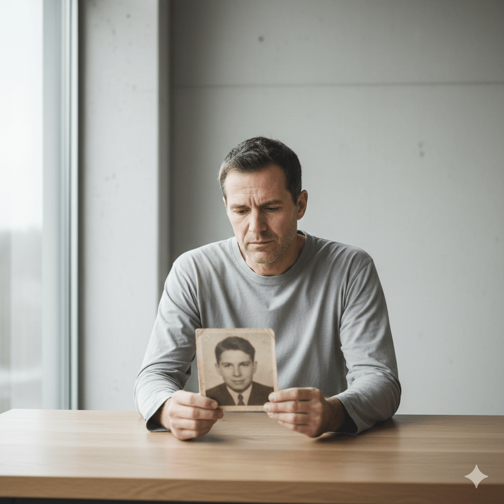 Man in gray shirt sitting at table looking at an old black-and-white portrait photo of a young man in a suit and tie