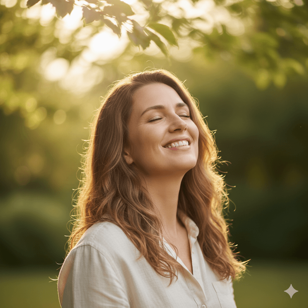 Smiling woman with closed eyes enjoying sunlight outdoors under green tree leaves
