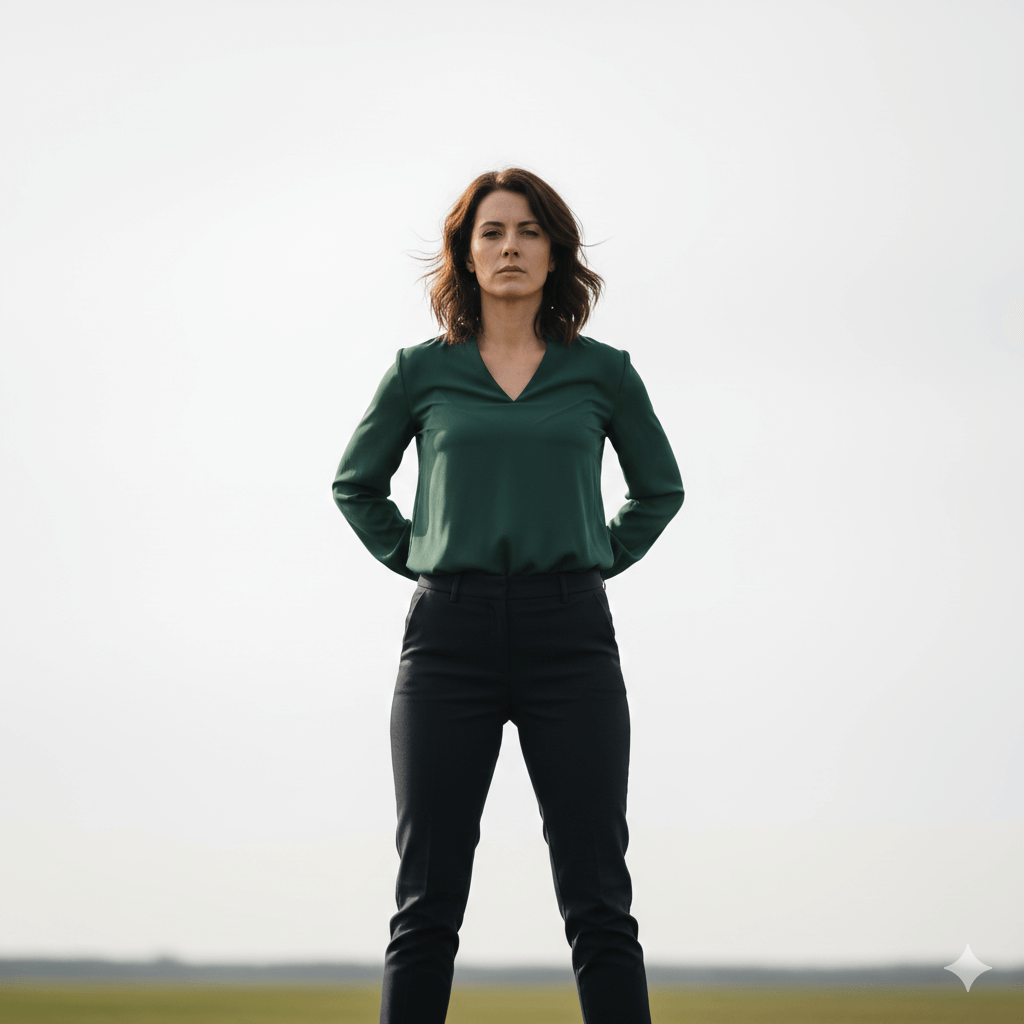Confident woman standing outdoors wearing a green blouse and black pants against a clear sky background.