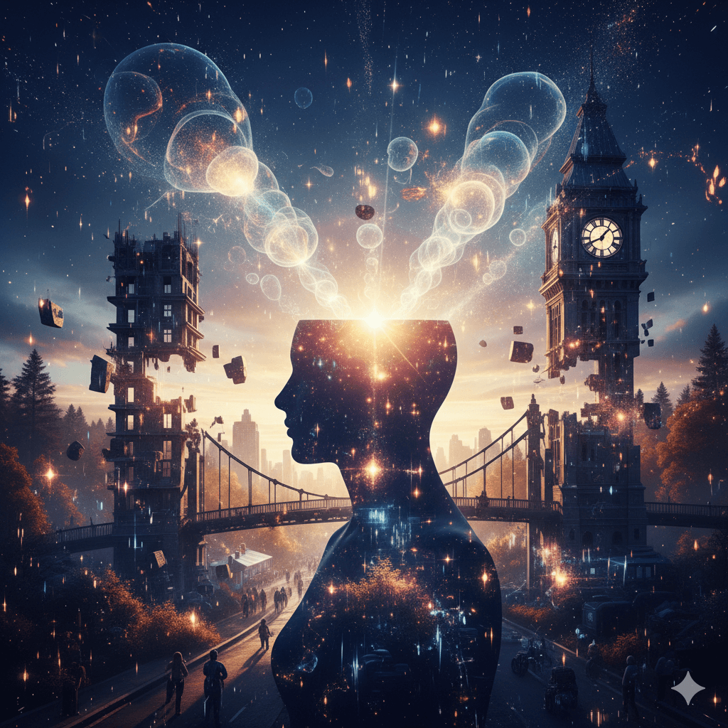 Silhouette of a person with glowing cosmic elements emerging from the head, set against a surreal cityscape with a clock tower.