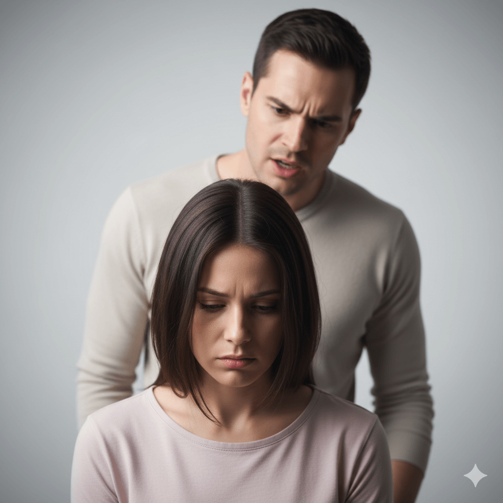 Man angrily confronting a sad woman against a neutral background
