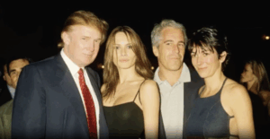 Donald Trump and Melania Trump posing with Jeffrey Epstein and Ghislaine Maxwell at a nighttime event
