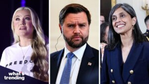 Tiffany Trump speaking at a podium, Rep. Matt Gaetz with earpiece, and Neera Tanden smiling in a navy blazer.