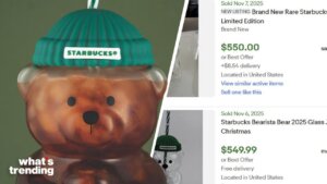 Starbucks Bearista Bear glass cup with green beanie hat listed for sale around $550 in 2025 on ebay