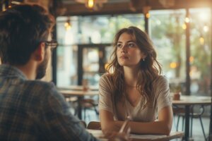 Woman with long brown hair listening attentively to a man in glasses at a cafe table.