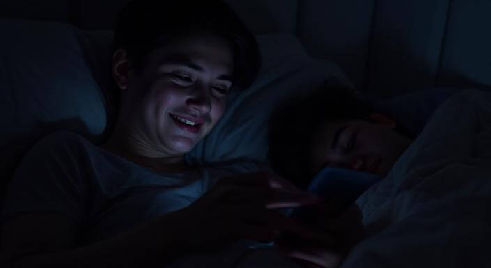 Teen boy smiling while using a smartphone in bed next to a sleeping person in a dark room