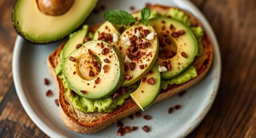 Toast topped with mashed avocado, sliced avocado rings, and sprinkled with seasoning on a white plate.