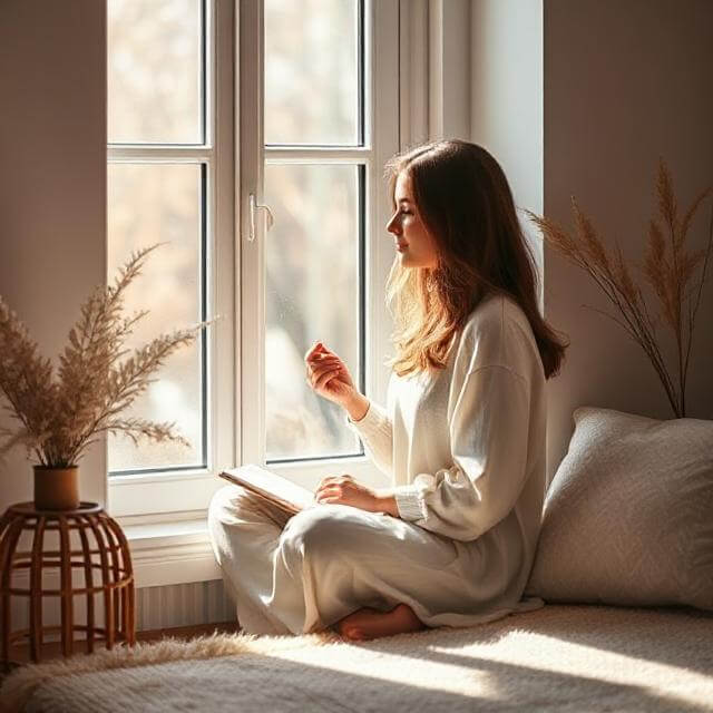 Woman in white loungewear sitting cross-legged by a window, holding a book in a sunlit cozy room.
