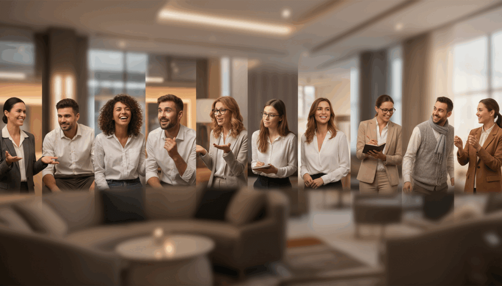 Diverse group of professionals in business casual attire engaged in discussion in a modern office lounge.