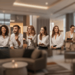 Diverse group of professionals in business casual attire engaged in discussion in a modern office lounge.