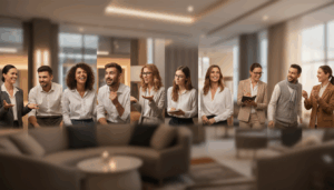 Diverse group of professionals in business casual attire engaged in discussion in a modern office lounge.
