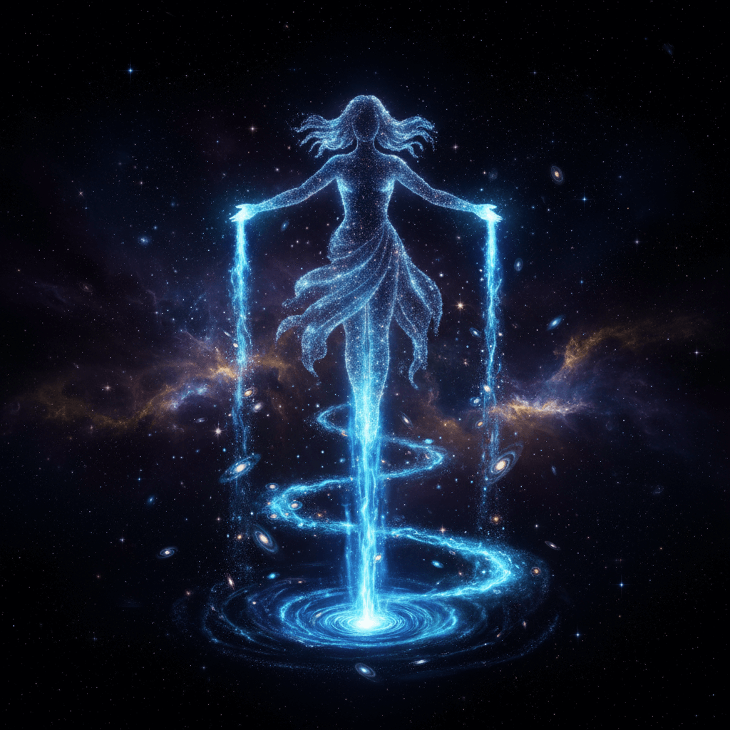 Glowing cosmic figure of a woman pouring streams of stardust into a swirling galaxy below in space.