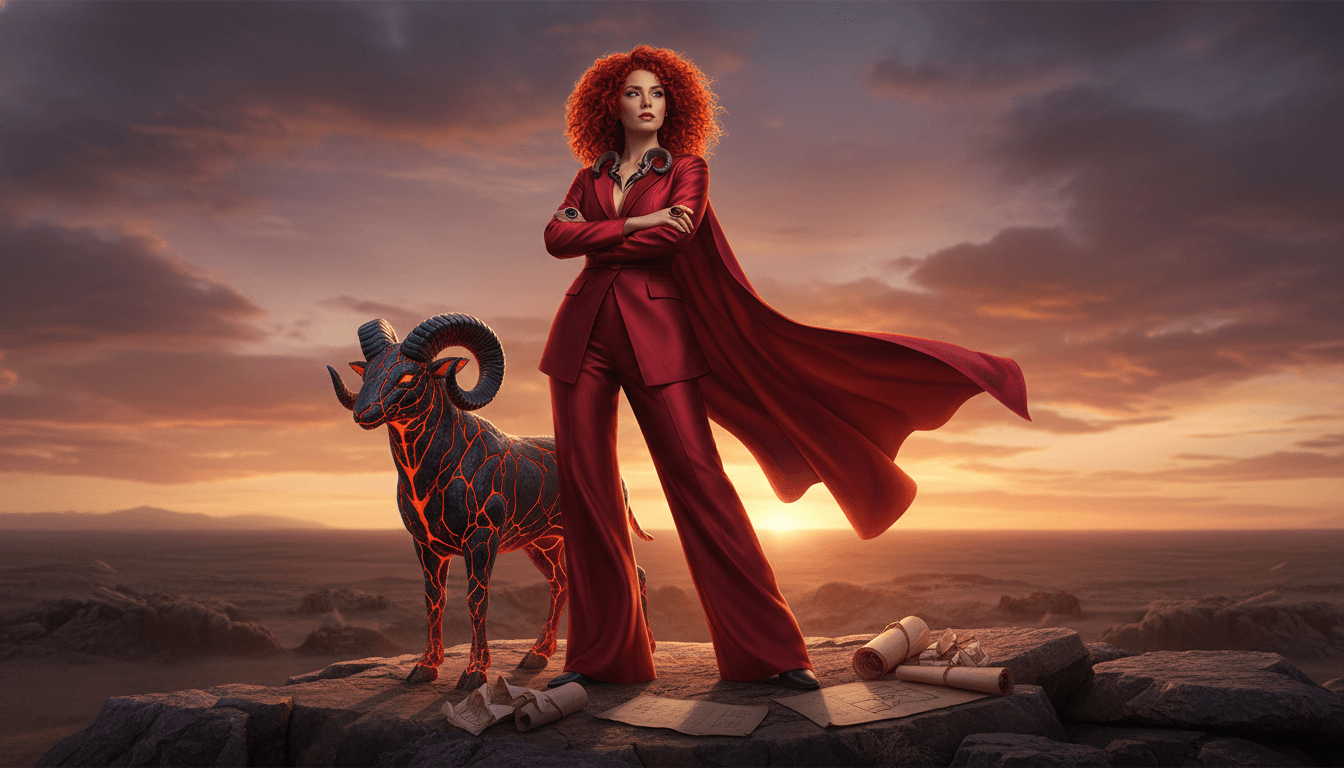 Confident woman with curly red hair in a flowing red suit stands on rocks at sunset with a glowing lava-patterned ram.