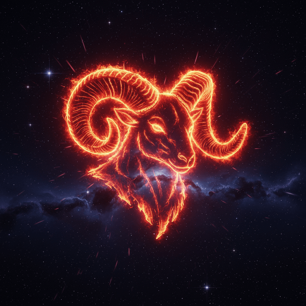 Glowing fiery ram head constellation against a starry night sky background