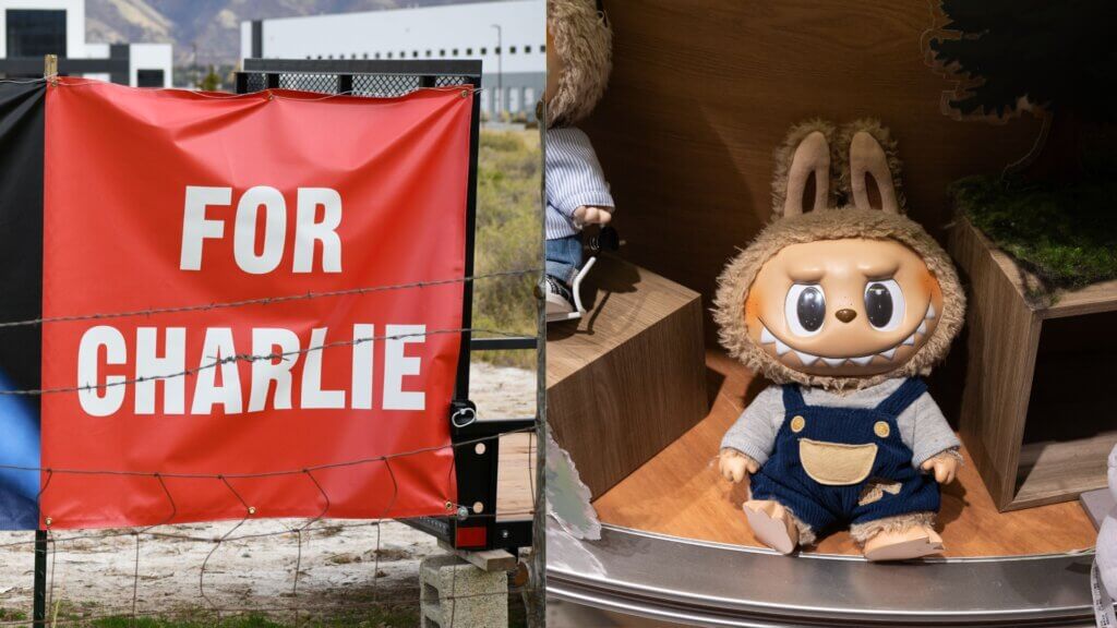 Red banner with white text "FOR CHARLIE" next to a plush toy with a furry hood and blue overalls sitting on a wooden shelf