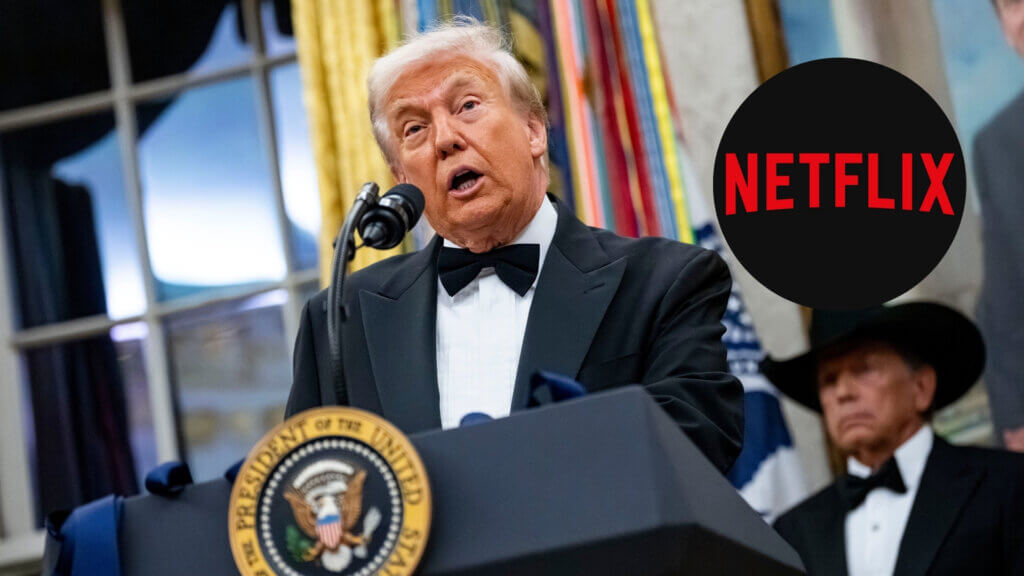 Donald Trump in a tuxedo speaking at a presidential podium with a Netflix logo overlay.