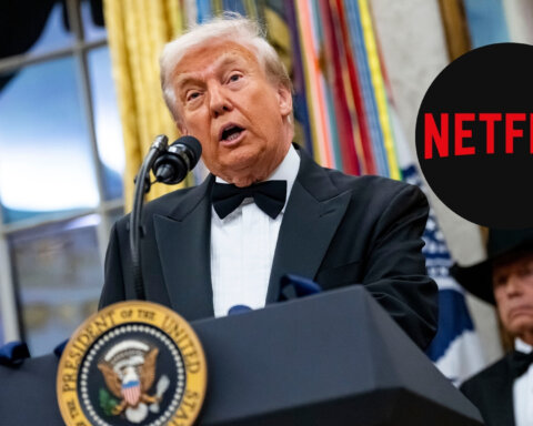 Donald Trump in a tuxedo speaking at a presidential podium with a Netflix logo overlay.