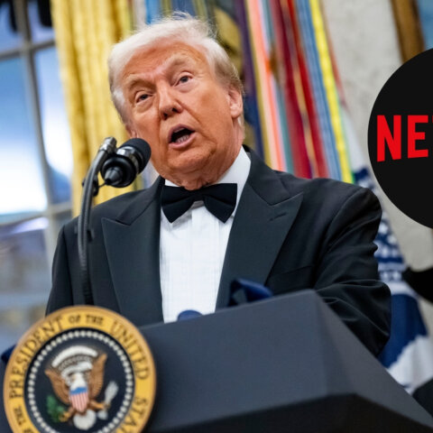 Donald Trump in a tuxedo speaking at a presidential podium with a Netflix logo overlay.