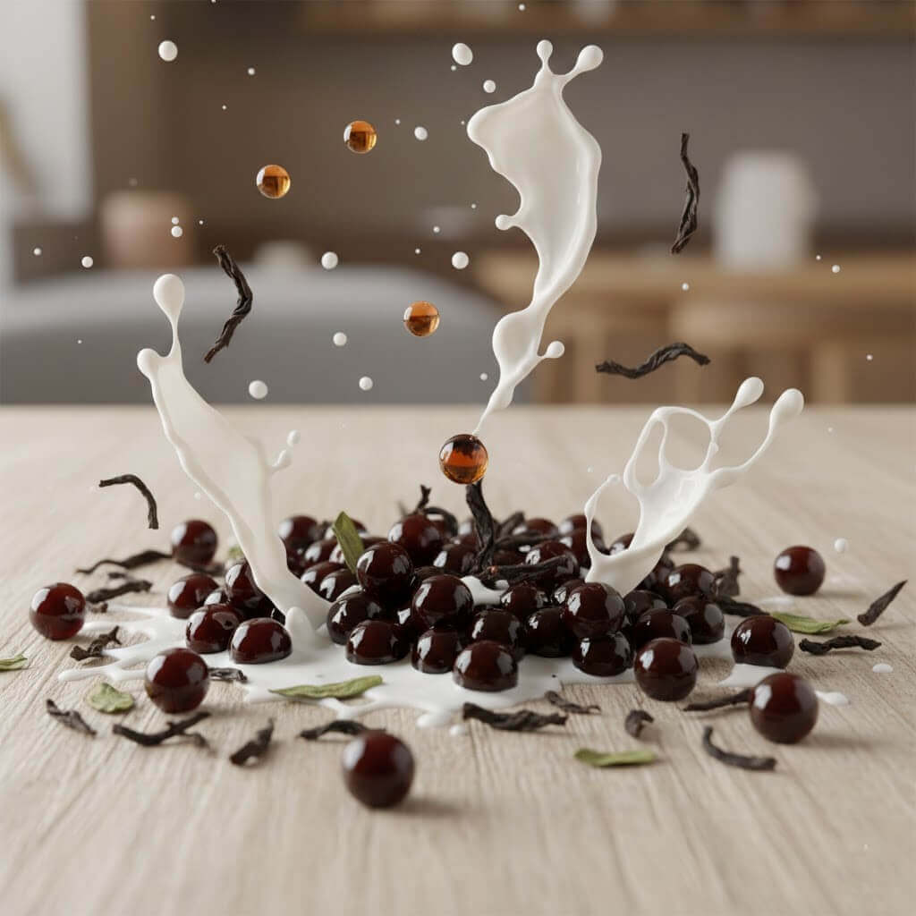 Splash of milk with black tapioca pearls and tea leaves on a wooden surface