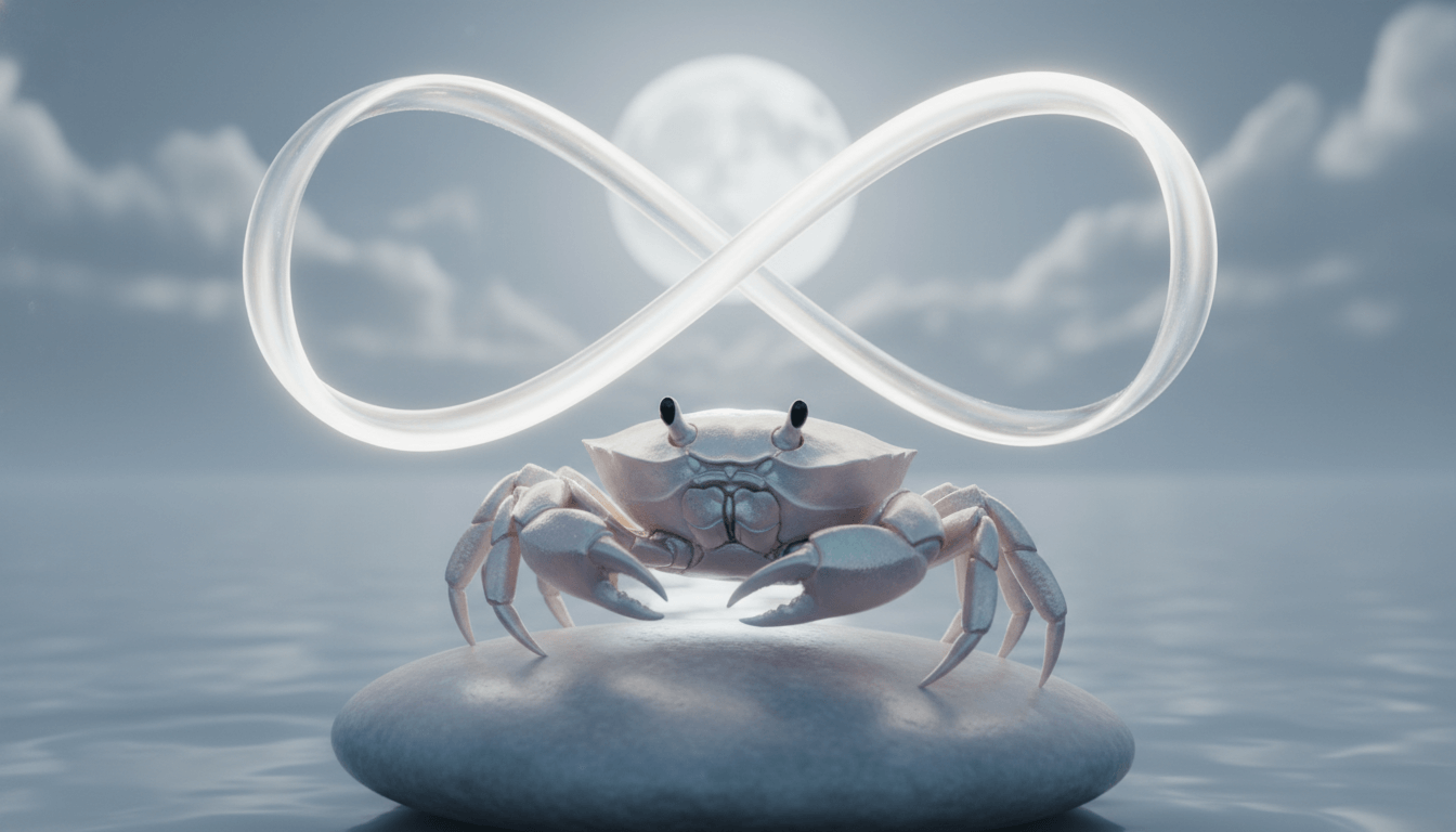 Crab on a rock with a glowing infinity symbol and full moon in the cloudy night sky.