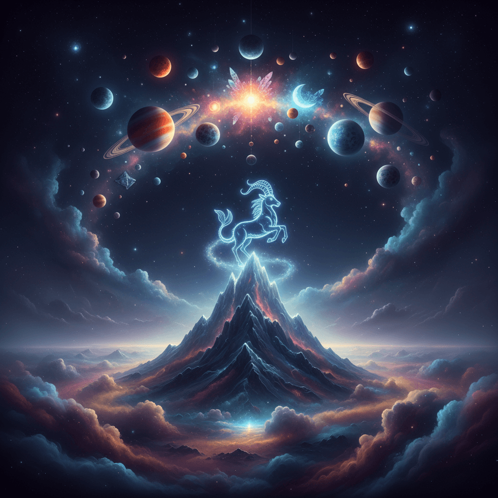Glowing Capricorn constellation above a mountain peak with planets and stars forming an arc in a cosmic sky.