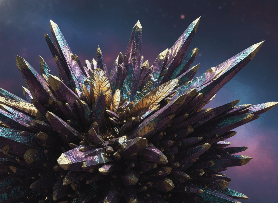 cluster of sharp, iridescent purple and gold crystals against a dark blue and pink background