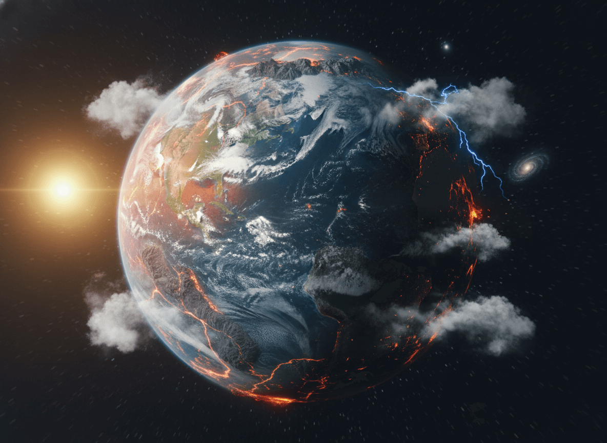 Earth with visible volcanic lava flows, clouds, lightning, and the sun in space background.