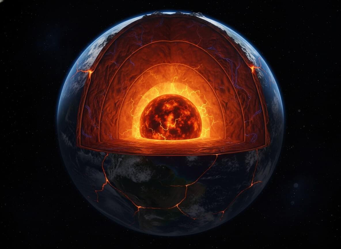 Cross-section of Earth showing its molten core and cracked crust with visible magma flows.
