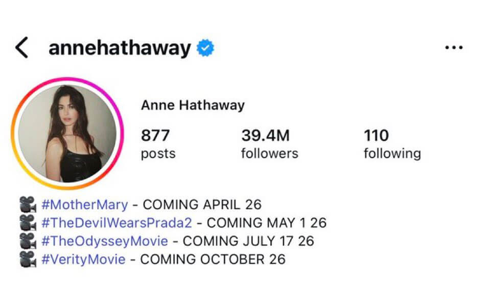 Anne Hathaway Instagram profile showing 877 posts, 39.4M followers, and upcoming movies with release dates in 2026.