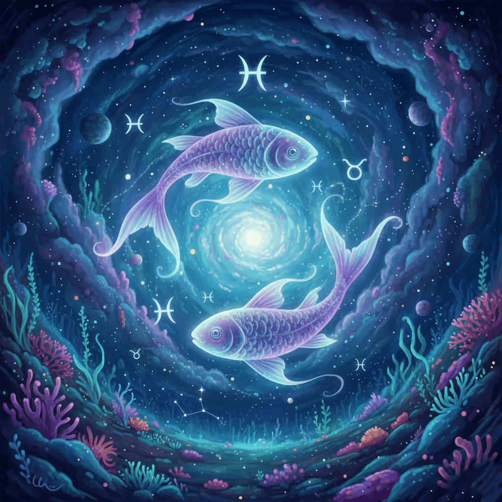 Two glowing purple fish swimming in a cosmic underwater scene with Pisces zodiac symbols and coral reefs.