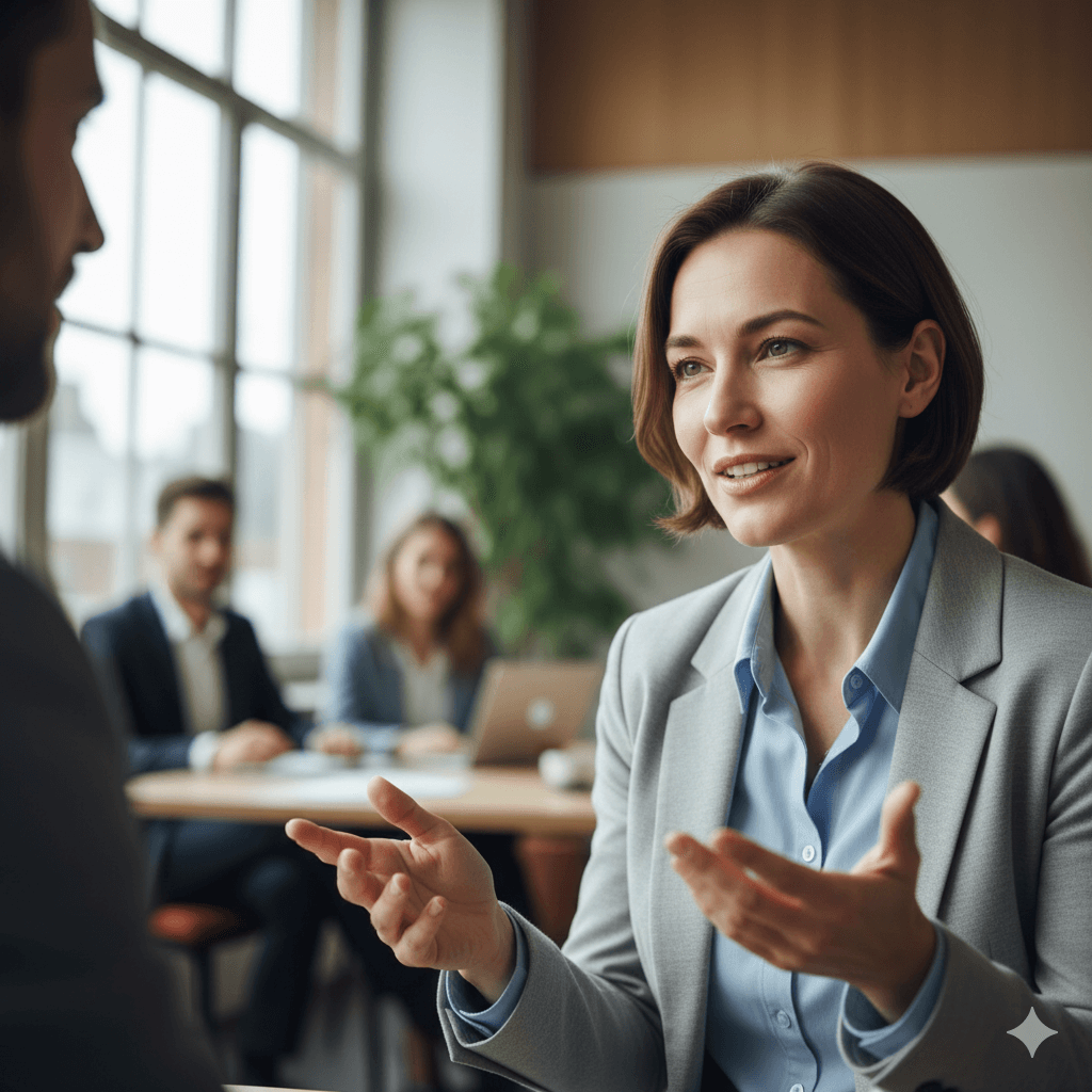 Businesswoman in gray blazer explaining a point during a meeting with colleagues in the background.