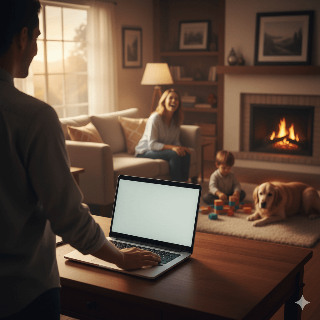 Person using a laptop at a table while a woman, child playing with blocks, and dog relax near a fireplace in a living room.